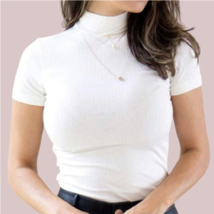 Blusa Canelada Gola Alta Manga Curta Moda Feminina